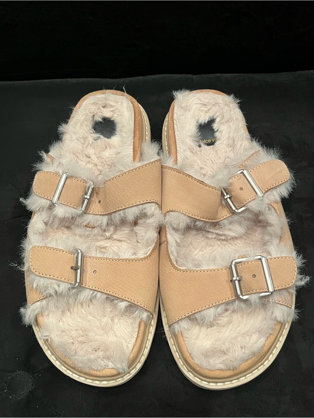 Faux-Fur Taupe Slide Sandals with Buckle Straps dolce vita